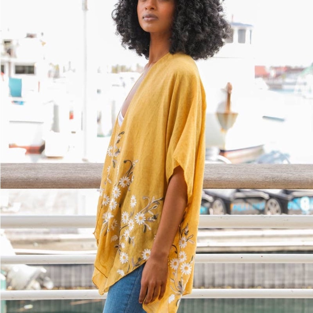 🌼🌸🌿Spring Break Swim cover-up Kimono Daisy One Size Floral Top New Mustard - Picture 4 of 4